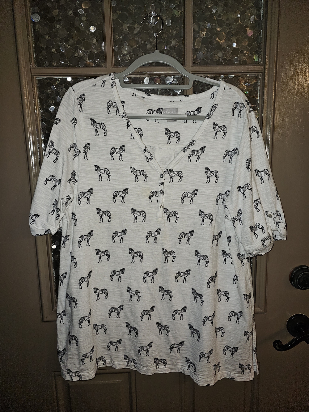 Chico's White Short-Sleeve Henley with Black Zebra Print